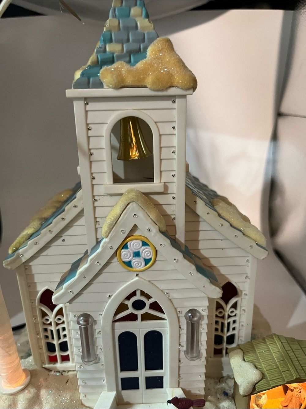 Source Unknown White and Blue Decorative Chapel with Gold Bell